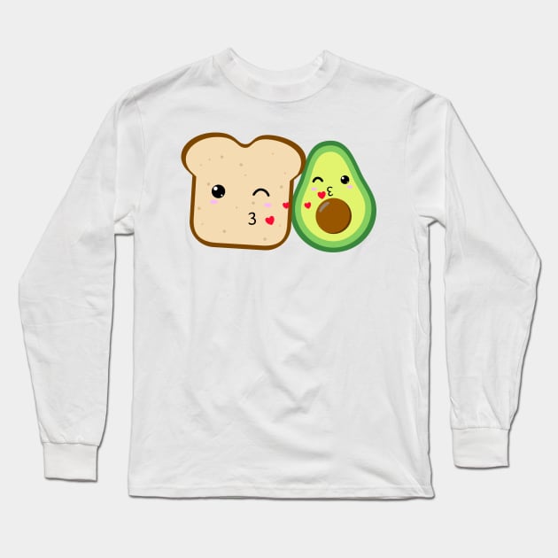 Cute Kawaii avocado kissing toast flying hearts Long Sleeve T-Shirt by All About Nerds